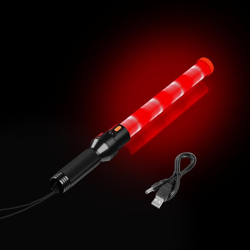 DIMAZO 16 Inch Rechargeable Traffic Wand, Multifunction Traffic Control Wand with 2 Flashing Modes, Red Safety Traffic Baton for Airport, Parking, Car Directing - Image 1